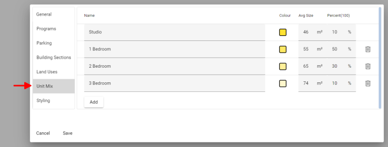 Planary Version 4 - Preferences Unit Mix